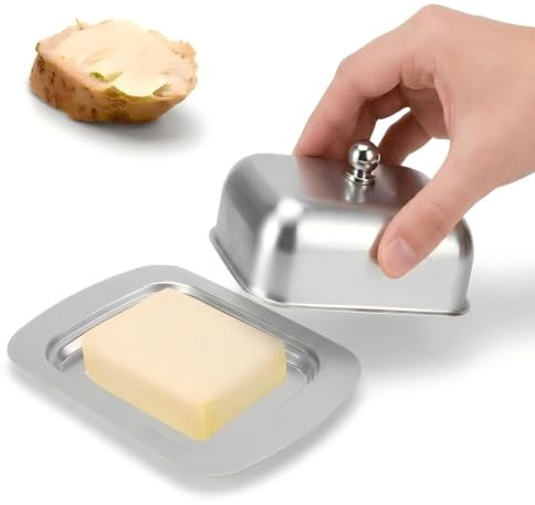 Baxnore Mantequera de acero inoxidable, caja de mantequilla de doble aislamiento, recipiente de mantequilla inoxidable, recipiente ligero para mantequilla con cubierta de asa para