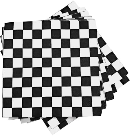 Papierservietten, kariert, 33 x 33 cm, Schwarz und Weiß, 40 Stück, Rennwagen, Party-Servietten, dekorative Cocktail-Servietten, Spieltag, Geburtstag, Party-Dekorationen