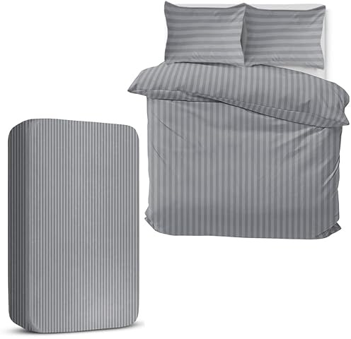 MOONLIGHT20015 Double Duvet Set 4 Piece Satin Stripe Duvet Cover Sets Soft Brushed Microfiber Bedding Sets with Fitted Sheet & 2 Pillow Cases (Grey, 200x200 cm)