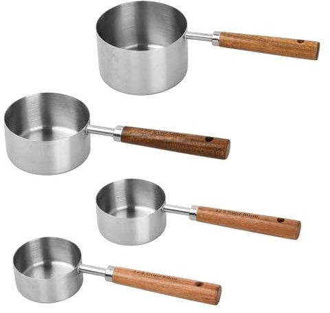 4 Pcs Measuring Spoons and Measuring Cups Set, Stainless Steel Baking Measure Spoon with Engraved Scale Wooden Handle with Engraved Scale for Cooking Kitchen Wet Dry & Liquid (Stainless Steel)