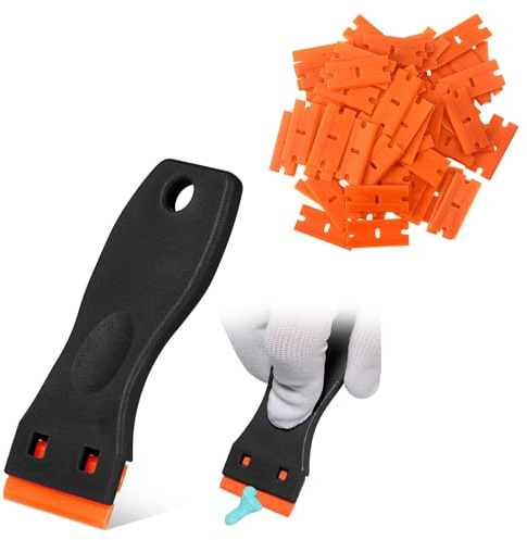 Grattoir à lame de rasoir en plastique – Comprend 10 grattoirs et 100 lames pour enlever les joints, les étiquettes et les autocollants pour fenêtres et vitres (noir)