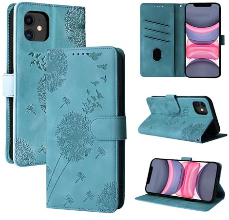 Rostsant Handyhülle für iPhone 11 Löwenzahn PU Leder Flip Case Brieftasche Tasche Hülle Magnetisch Handyhülle für iPhone 11 Blau