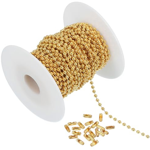 PATIKIL 32.81 Feet Stainless Steel Ball Chain, Dog Tag Chain Bulk Beaded Necklace Chains with 20 Pcs Connectors for Jewelry Making DIY Craft Hanging Decoration, Gold