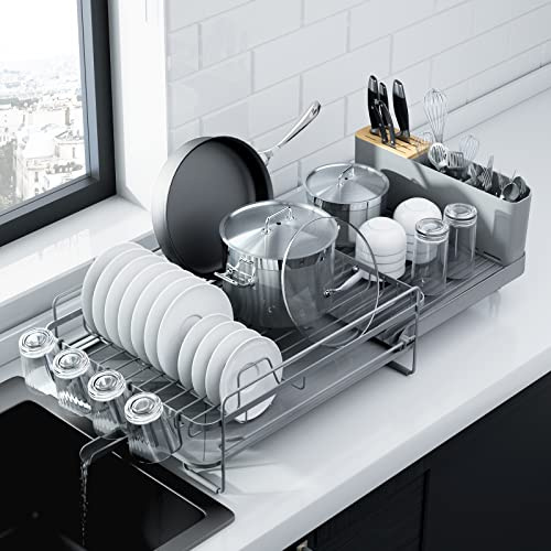Kitsure Extendable Dish Drainer Rack, 67.8cm x 32.7cm x 14.9cm, Grey | Multifunctional Dish Rack for Kitchen Counter, Anti-Rust Draining Board Rack with Cutlery & Cup Holders, Large Capacity