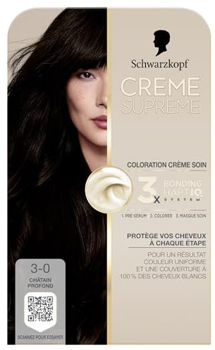 Schwarzkopf - Crème Supreme Coloration Permanente Pre-Serum et Masque Soin Couverture 100% Cheveux Blancs Résultat Couleur Uniforme 3-0 Châtain Profond