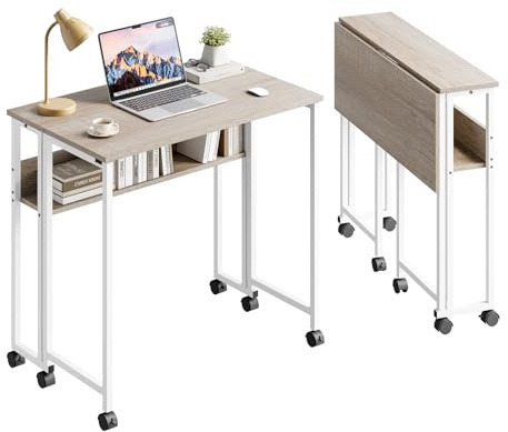 Dripex Klapptisch mit Rollen 80x50 cm, Platzsparender Klappschreibtisch Computertisch Faltbar Tisch mit Stauraum, Schreibtisch Klappbar für Homeoffice Arbeitszimmer, Oak