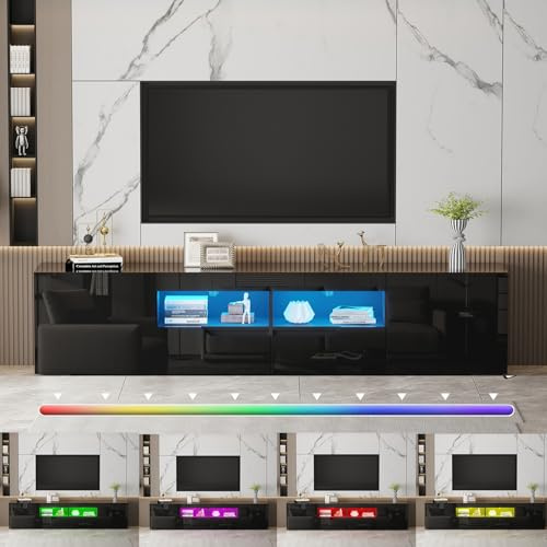TRIOBLADE 200cm TV Stand Cabinet with Storage Black High Gloss TV Unit Cabinet with LED Lights Modern Entertainment Unit for Living Room Bedroom for up to 75 TVs (black tv stand)