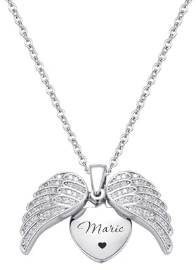 Svyqwmz Collana personalizzata con ali d'angelo Collana personalizzata con nome inciso Cuore medaglione Coppie Gioielli commemorativi regalo per donne uomini