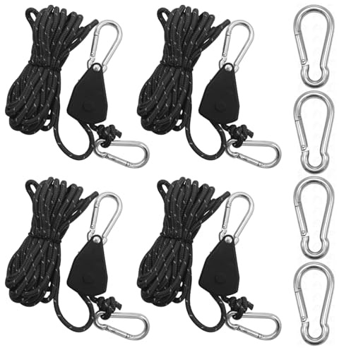 4 Stück Reflektierend Abspannseile mit Seilspanner, 4 m x 4mm Verstellbarer Seil Ratsche mit 4 Stück Karabiner, Einstellbare Nylon Schnurspanner Camping Schnur für Zelten Ventilatoren Pflanzenleuchten