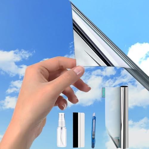Silber(90X300cm) Spiegelfolie Fenster Hitzeschutz |UV Folie Selbstklebend |Fensterfolie Sonnenschutz Hitzeschutz innen oder außen|Rückstandslose Thermofolie Hitzeschutzfolie Fenster|Sonnenschutzfolie