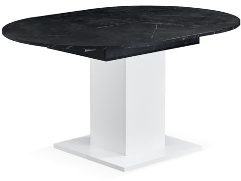 B&D home® ausziehbarer Esstisch WIM 100–140×100cm – moderner Säulentisch aus Natureichein Marmor Optik mit weißer Mittelsäule, Holztisch für Küche & Esszimmer
