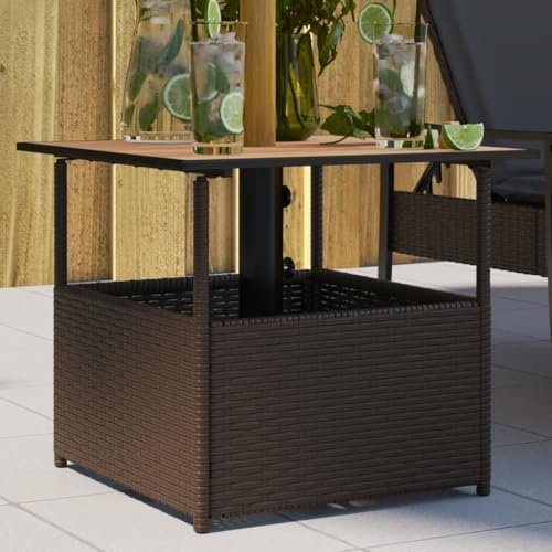 Tavolo Giardino con Foro Ombrellone 55x55x46,5cm in Polyrattan Marrone, Tavolo da Esterno Resistente con Piano in Legno di Acacia, Ideale per Terrazza, Patio e Giardino, Facile da Pulire e Montare