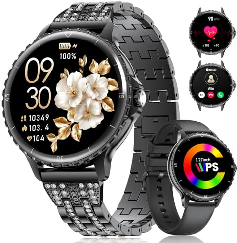 LIGE Montre connectée Femme Appels Téléphonique pour Android iOS 1,27 HD Noir Acier Inoxydable Diamant Smartwatch Ronde,Fréquence Cardiaque,Moniteur de Sommeil,Podomètre,Calories,100+ Mode Sport