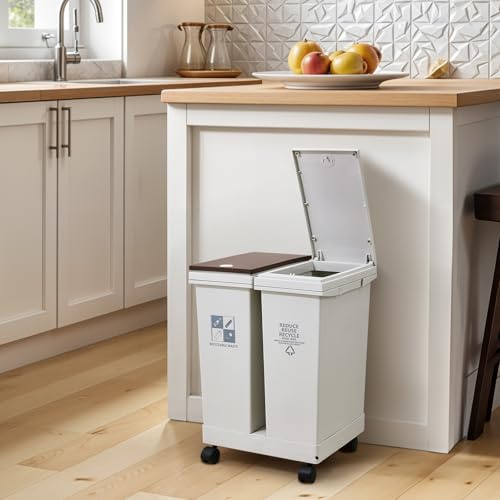 Warmiehomy 40L Double Compartment Dry Wet Separation Kitchen Bin with Lid | Press-Open Lids, Detachable Dual Bins, with Wheels & Bag Pressure Ring, for Living Room & Bathroom, 38x34x52.5cm