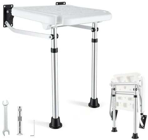 Wall-mounted Folding Shower Seat with Adjustable Legs 42-53mm, Shower Chair for Elderly Disabled Pregnant, Fold Down Shower Stool with Anti-slip Feet and Shower Head Slot, Load Capacity 220LBS