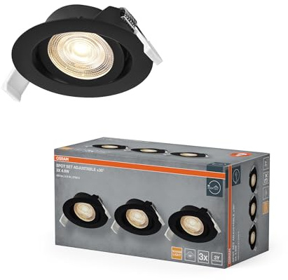 OSRAM Foco LED empotrable Spot Set regulable 4,9 W negro | Spot Set Recess Adjustable, Spot lights and ceiling spots, Negro, 90 mm dia, 25000 h, Paquete de 3