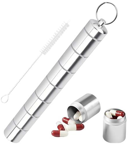 ZIJANG 7-in-1 Pillendose Schlüsselanhänger Metall Mini | Wasserdichte Pillendose mit Luftdichtem Verschluss für Medikamente und Gewürze, Kompakt für Unterwegs Geeignet