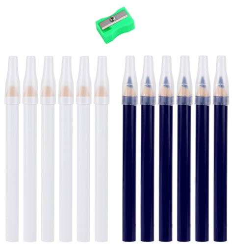 Goktvai 12 Uds Lápiz para Tela con Sacapuntas, Blanco y Azul Solubles en Agua Marcadores de Costura Tiza de Sastre para Manualidades Carpintería Sastrería Acolchado y Marcado Costura