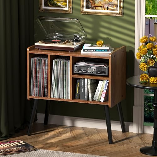 UODERS Record Player Table, Mid-Century Record Player Stand with Vinyl Storage Hold Up to 150+ Albums, Vinyl Record Cabinet with Adjustable Shelves, Wood Turntable Stand for Music Living Room, Oak