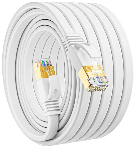 MEIPEK Cable Ethernet 50 Metros Cat 7 Cable de Red Exterior FTP Blindado | Plano RJ45 Gigabit 10Gbps 600MHz Alta Velocidad LAN Internet para Router Módem Blanco