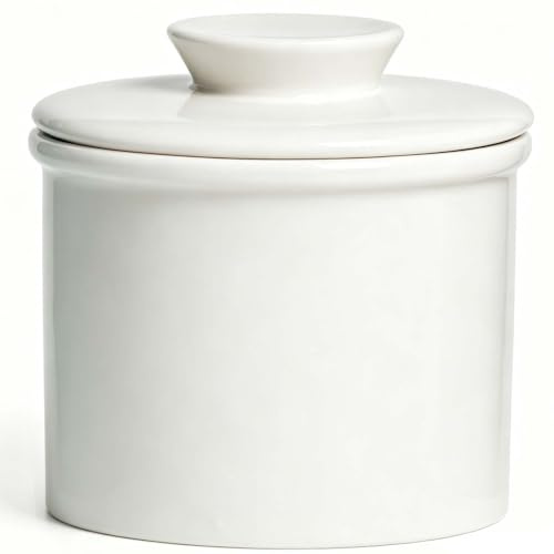 Mantequillera de Cerámica con Agua, Mantequera con Tapa, Conserva la Mantequilla Fresca y Untable sin Refrigeración, Para Barra de 250g, Apto para Lavavajillas, Blanco Concha