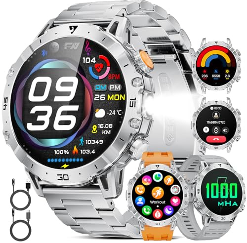 HIRREO Herren Smartwatch 1,85 Zoll HD Display, LED Taschenlampe, 1000mAh Akku, 100+ Sportmodi, IP68 Wasserdicht Fitness Tracker mit Herzfrequenz& Schlafmonitor, Bluetooth Uhr für Android iOS (Silber)