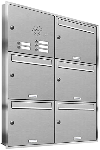 AL Briefkastensysteme, 5er Unterputzbriefkasten, Briefkasten mit Klingel, 5 Fach, Briefkastenanlage modern, rostfrei Edelstahl Postkasten
