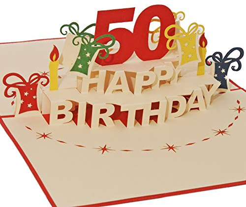 Favour Pop Up Glückwunschkarte zum runden 50. Geburtstag. Ein filigranes Kunstwerk, das sich beim Öffnen als Geburtstagstorte entfaltet. ALTA50R