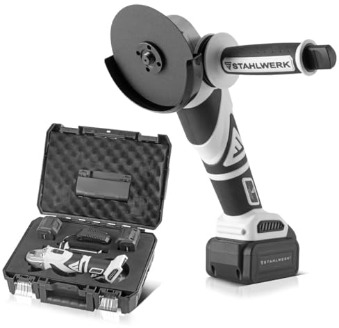 STAHLWERK Amoladora angular con batería sin escobillas, sistema de batería 20 V/4Ah, 0-7500 min-1, tamaños de disco 115 mm y 125 mm, incluye 1 baterí de 4 Ah y cargador, 7 años de garantía