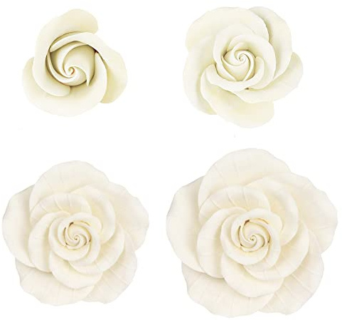 O'Creme Garden Roses Gumpaste Flower Set - White Edible Flowers for Cake Decorating - Sugar Paste Flower Decorations for Cakes, Candy, Cupcake Toppers - Birthday, Wedding, Valentines Day, Baby Shower