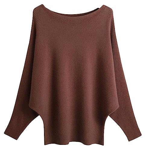 FULIER - Maglione Dolman da Donna, con Maniche a Pipistrello e Scollo a Barchetta, Lavorato a Maglia, vestibilità Ampia, Taglia Unica, Caff, Taglia Unica