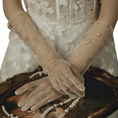Hochzeit Brauthandschuhe, Asudaro 1Paar Vintage Damen Lang Handschuhe Tüll Handschuhe Frauen Hochzeit Spitzenhandschuhe Hochzeit Oper Abschlussball Abend Kostüm Party Fäustlinge Armstulpen,Weiß Lang