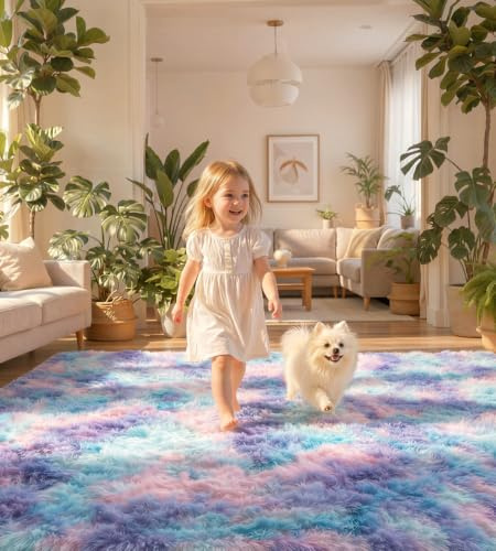 ROHATIM Teppich Wohnzimmer 200 x 300 cm Blau Lila Waschbar Rutschfester Hochflorteppich Kinderzimmer Schlafzimmer Flauschiger Teppiche