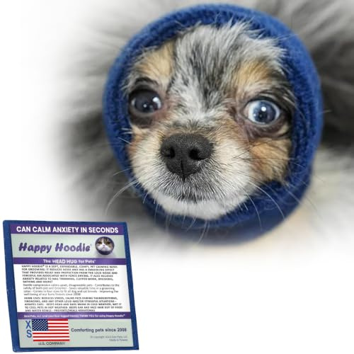 Happy Hoodie Le bandeau apaisant originale pour chien et chat, soulagement de l'anxiété/protection contre le bruit, tonnerre, feux d’artifice/toilettage (taille XS, bleu) | Marque américaine 2008. Tissu de compression, doux et extensible, réduit le bruit et soulage le stress pendant les tempêtes