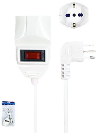 Verlängerungskabel mit Schalter, italienischer Stecker klein 10 A, Multistandard Steckdosenleiste zweistufig, Schuko 10/16 A, max. 2300 W 250 V, Farbe Weiß (10 Meter)