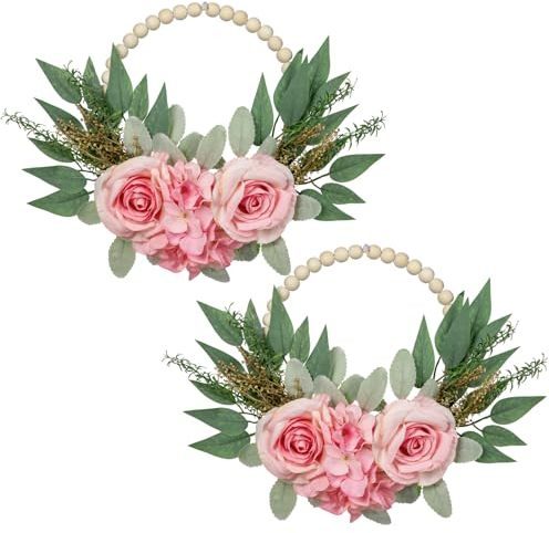 Oairse 2pcs Artificial Flowers Wreath Spring Summer Floral Wreath Wood Beads Wreath with Pink Rose Hydrangea, Green Eucalyptus Leaves for Front Door Window Wall Wedding Farmhouse Decor