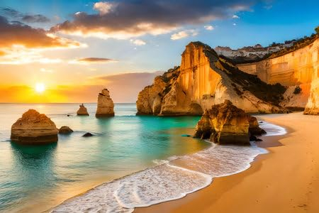 Acryl-Bild 90 x 60 cm: Wunderschöner Sonnenuntergang am Strand Praia da Marinha an der Algarve, Portugal (203277876)