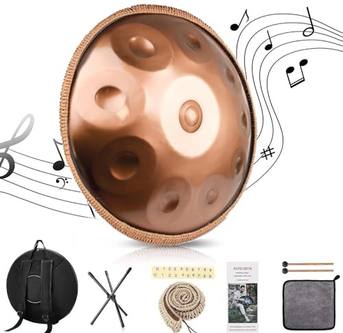 Handpan Instrumento de Acero en Re Menor 22 Pulgadas Hand Drum Instrumento 440 HZ 9 Notas Handpan Drum Soporte para Handpan, Estuche para Handpan, Mazos Duraderos (10 Notes, Gold)