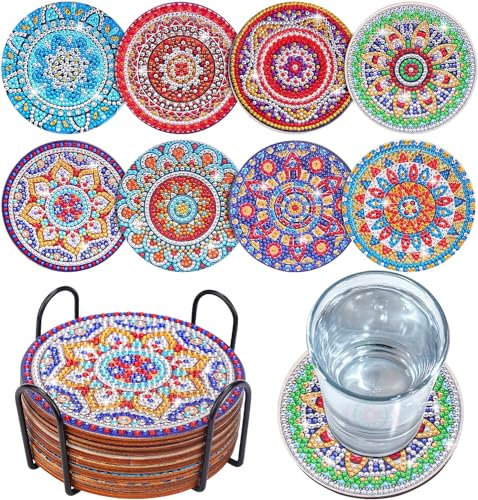 Frundoo 8 Pezzi 5D Fai Da Te Diamante Arte Pittura Sottobicchieri, Mandala Diamond Painting Sottobicchiere, Diamante Tazza Bevande Sottobicchieri, Sottobicchieri da Tavolo per Artigianato