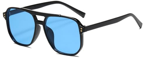 YAMEIZE Pilot solglasögon herr dam fyrkantiga dubbla broar retro stora glasögon 70s vintage stil UV400 skydd, Svart/blå