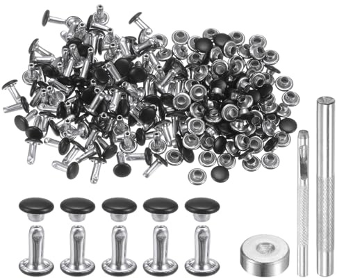 QUARKZMAN 100 Ensembles de Rivets en Cuir 6mm x 8mm en Métal avec Double Capuchon, Attaches Pression et 3 Outils de Pose, Rivet à Frapper pour Décoration et Travaux Manuels en Cuir, Noir Mat