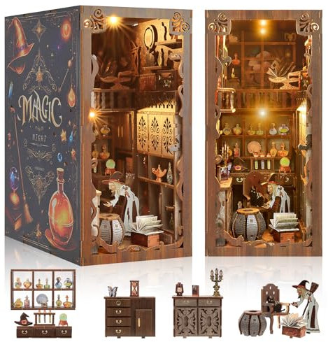 Tlater Book Nook Kit - Puppenhaus Bausatz mit LED-Beleuchtung, Magische Nacht Thema Buch Nook Kits, 3D Holz Bücherregal Puzzle Booknook einfügen Dekor Handwerk für Erwachsene Teenager Geschenke