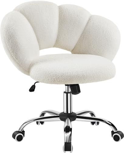 Yaheetech Chaise de Bureau Coiffeuse Pivotante avec Dossier Confort en Nuage Hauteur réglable Fauteuil Maquillage Respirant pour Bureau, Salon, Chambre Capacité 136 kg Blanc Bouclé