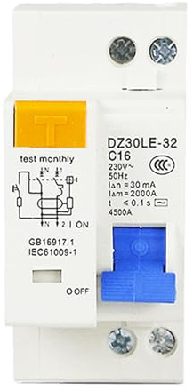 Fi Schutzschalter 1P+N Fehlerstromschutzschalter: Sporgo AC 230V 30mA C16 LS Schalter RCD 2-Polig 16A Mit Auslaufschutz Überlastschutz, Sicherungsautomat (A)
