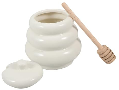 OFFSCH Ceramic Honey Pot Lid and Wooden Dipper for Desktop Honey Storage Syrup Dispenser Use