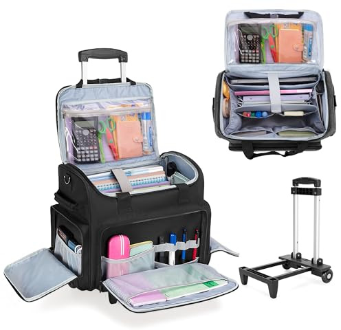 CURMIO Borsa per Insegnante con Ruote, Borsa da Lavoro Donna Insegnanti con Scomparto Organizzatore di File Espandibile, Nero (Design Brevettato)