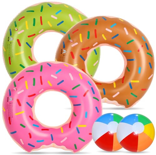 Chennyfun 5 PCS Ciambella Gonfiabile Set, Anello da Nuoto Ciambella Gonfiabile per Bambini e Adulti Set, Rosa,Marrone & Verde, con Pallone da Spiaggia per Nuotare Spiaggia Festa Decorazione per Feste