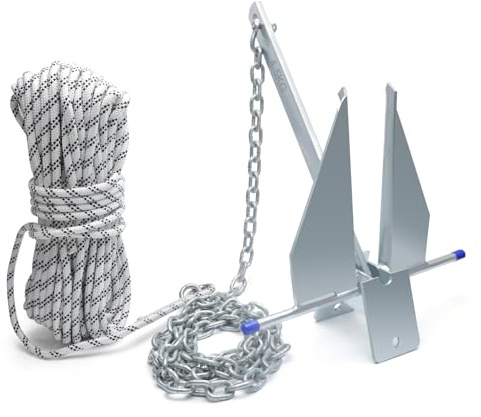 BocBoz Galvanized Danforth Fluke Anchor Kit Includes Galvanized Fluke Anchor, Rope, Shackles, Chain 10LB