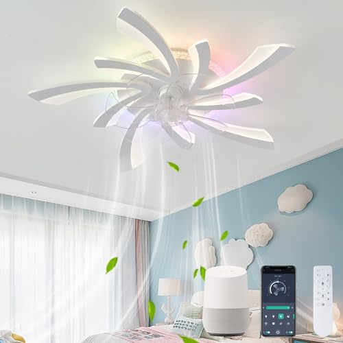KVOYYIRA Lampara Ventilador Silencioso Para Dormitorio, Luz Ventilador Techo Infantil RGB LED Regulable Reversible, Ventilador Techo Con Luz Con Motor CC Compatible Con Alexa, Blanco