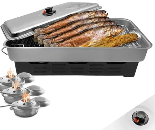 Eversmoke Tischräucherofen Edelstahl Deluxe, 50x23x18cm | Mobiler Smoker, für bis zu 8 Fische, 2 Ebenen, Fettauffangplatte, 3 regulierbare Brenner